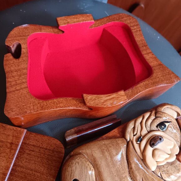 Hand-Carved Wooden Bulldog Puzzle Trinket Jewelry Box Hidden Compartment Hawaii - Picture 7 of 10